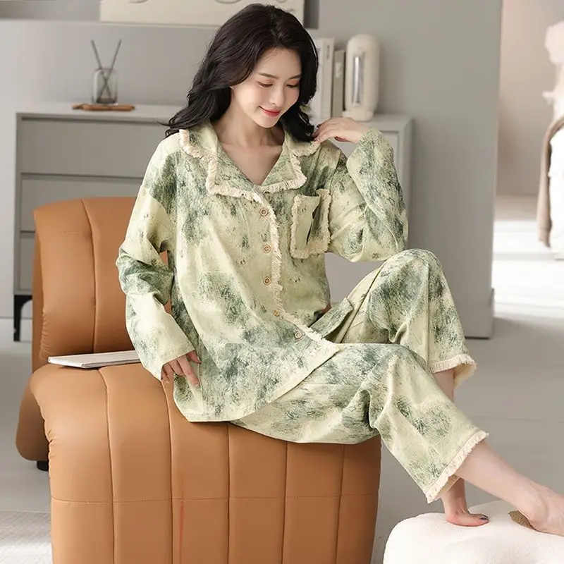 Net red sweet pajamas women spring and autumn long sleeve cardigan can be fringed loose pants set home wear ins style nightgown