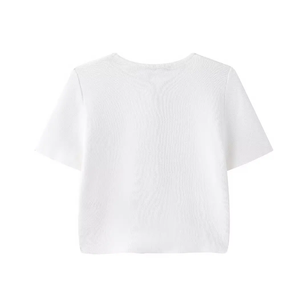 Top de punto de manga corta con cuello redondo para mujer, abrigo ajustado elástico, top elegante retro con botones, novedad de 2024