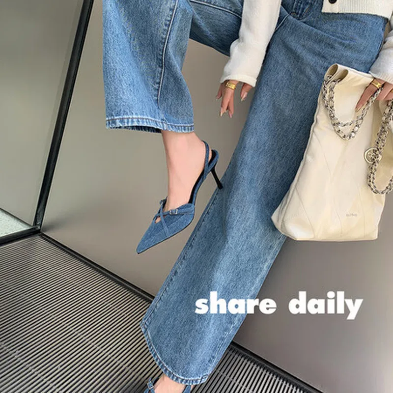Women Denim Sheep Leather Slingback Pumps Pointed Toe Cross Buckle Thin Stiletto Heel Sheep Lining Summer Sandals F127