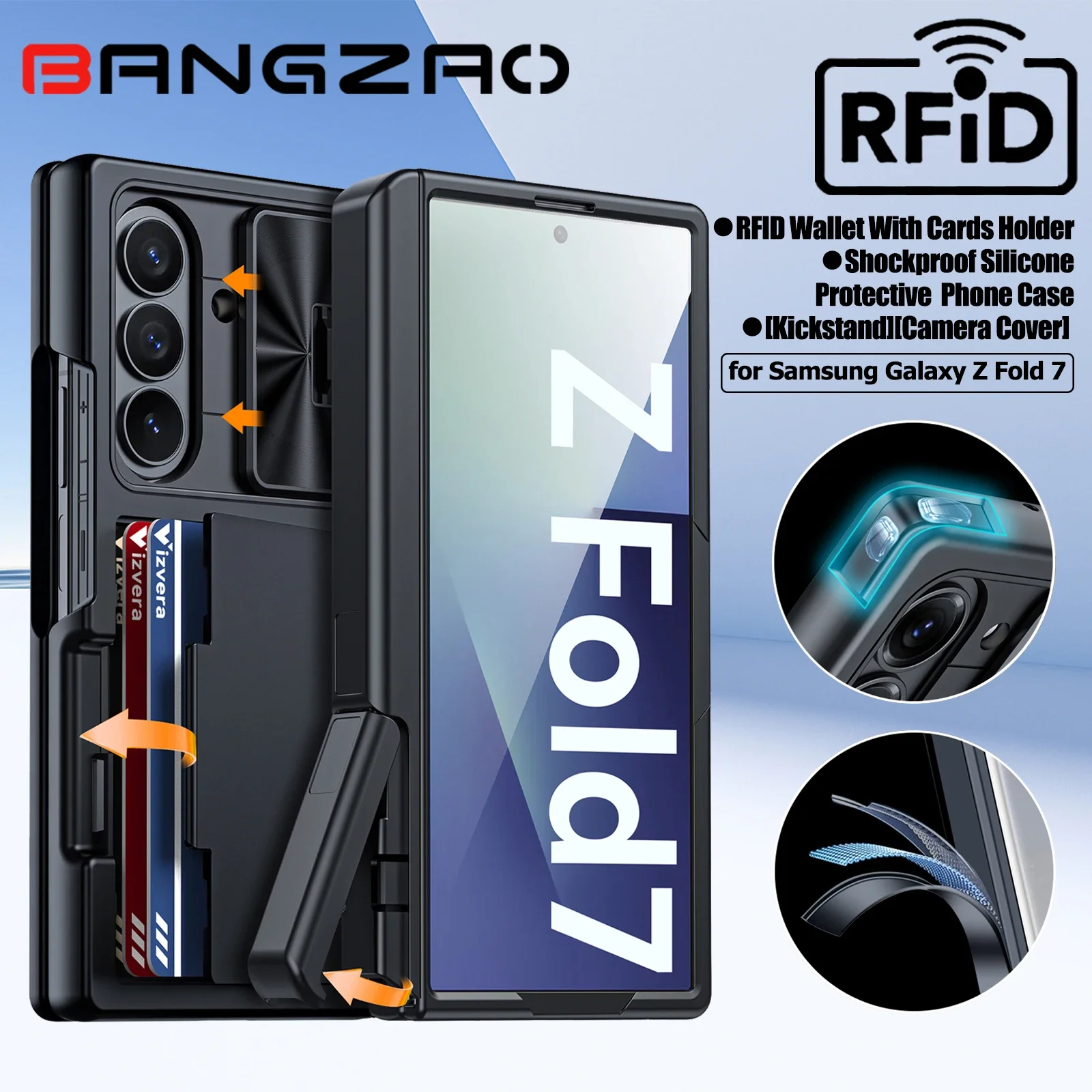

Чехол для Galaxy Z Fold 7, RFID-кошелек с держателем для карт [подставка][крышка для камеры] Противоударный силиконовый защитный чехол для телефона - черный