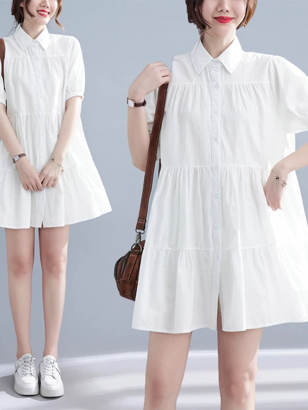 

Color irt Dr plus Size Women's ort Sve Turn-down Collar Button Mid-length A-line Skirt Summer Anti-aging