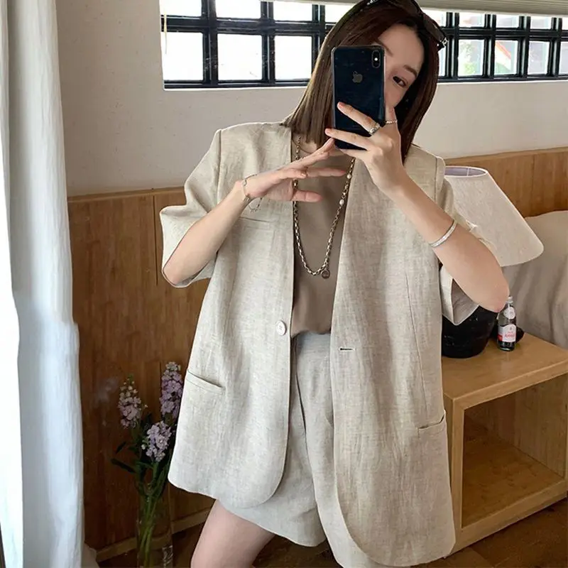 Insozkdg الراقية رقيقة البدلة سترة للنساء صيف جديد الكورية موضة الخامس الرقبة قصيرة الأكمام الصلبة فضفاض سترات غير رسمية النساء بلايز