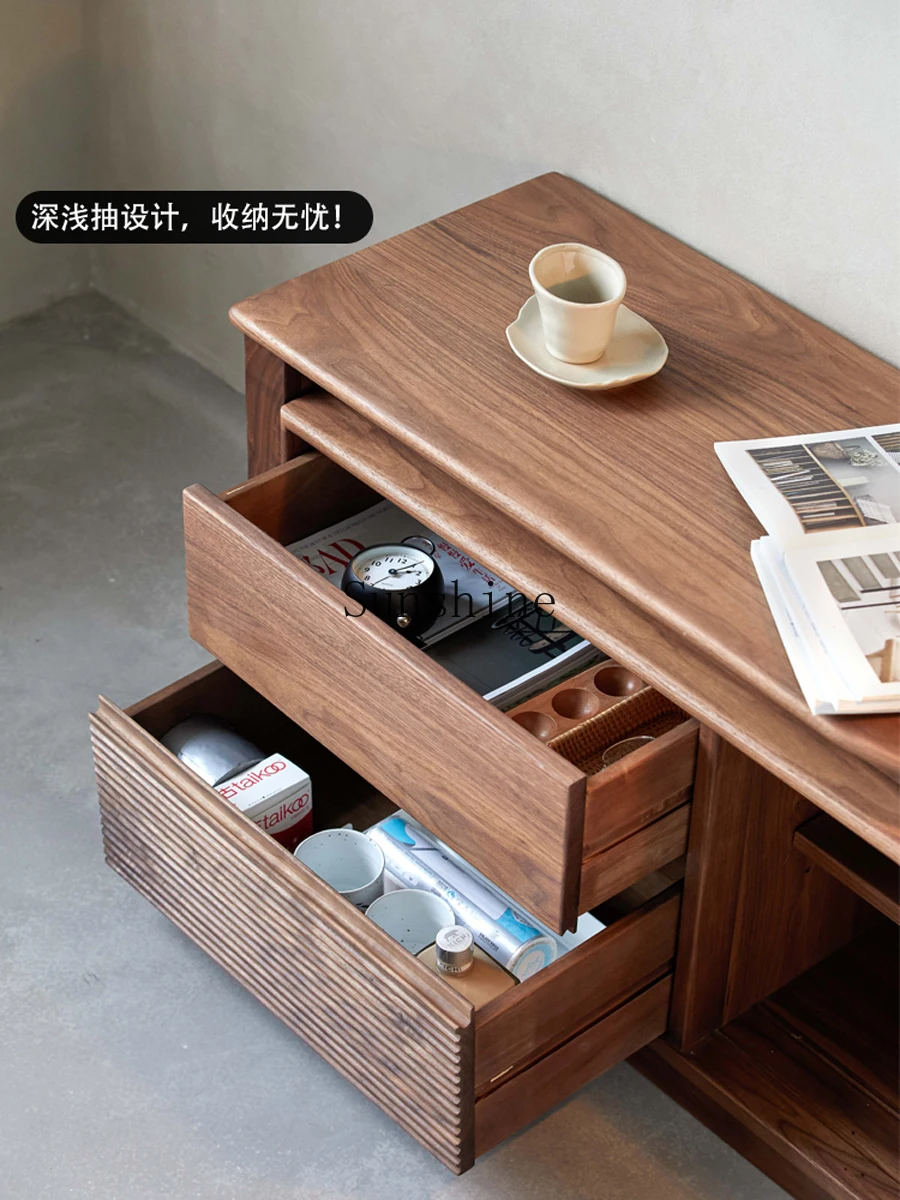 Nordic solid wood telescopic TV cabinet combination black walnut small apartment living room