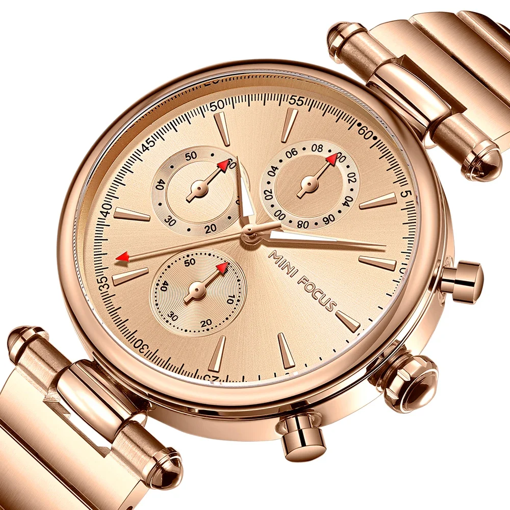 MINI FOCUS Women's Multifunction Quartz Watch Stainless Steel Strap 30M Water Resistant Elegant Fashion Wristwatch