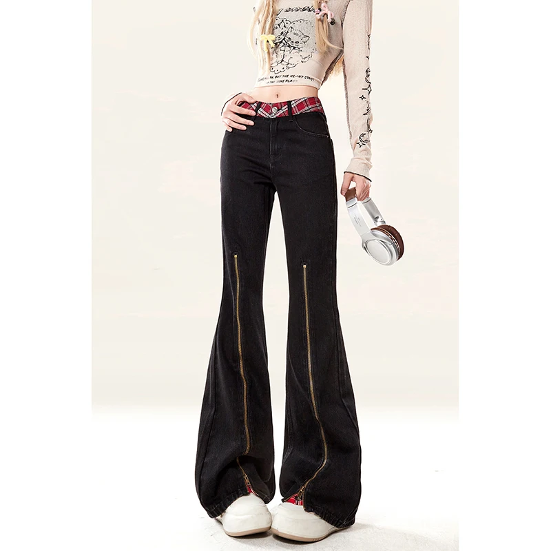 Red Plaid Stitching Zipper Micro-Trumpet Jeans Women's Spring Sutumn 2024 New Star High Waist Slim Straight Joker Pocket Pants