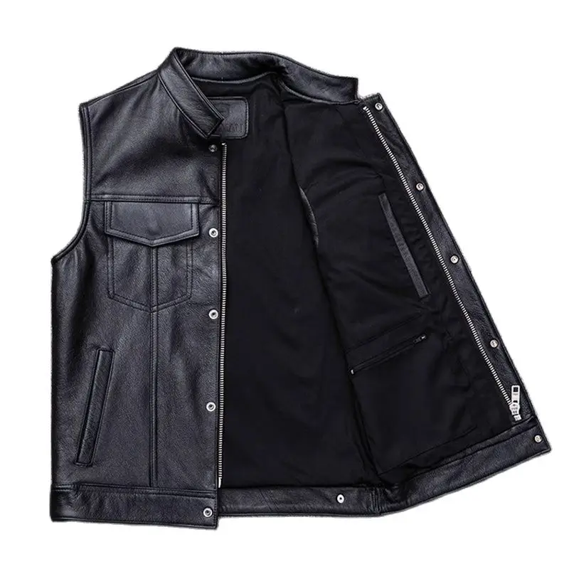 2024 New Men Leather Jacket Loose Top Classic Black Sleeveless Motorcycle Coat Size XXXL Male Business Casual Vest