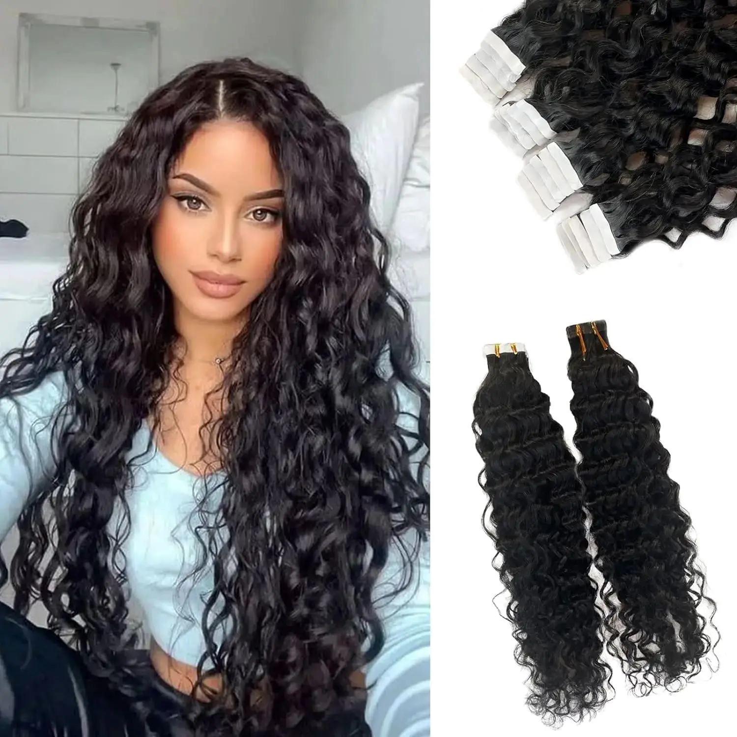 Fita de onda de água preta na extensão do cabelo humano fita de trama da pele do cabelo brasileiro em cabelo humano encaracolado 20 pçs fita em extensões de cabelo