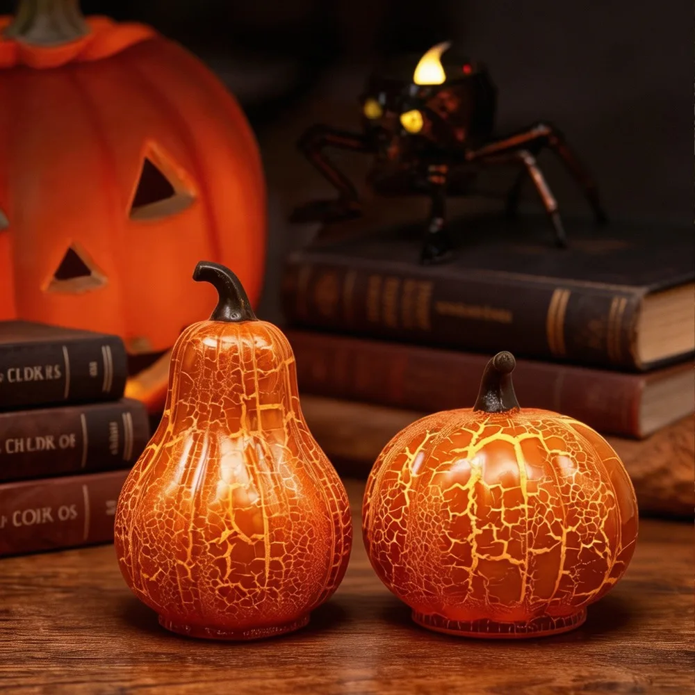 Surface Crack Design Halloween LED Pumpkin Light Glowing Decorative Table Pumpkin Ornament Simulated Pumpkin Night Light