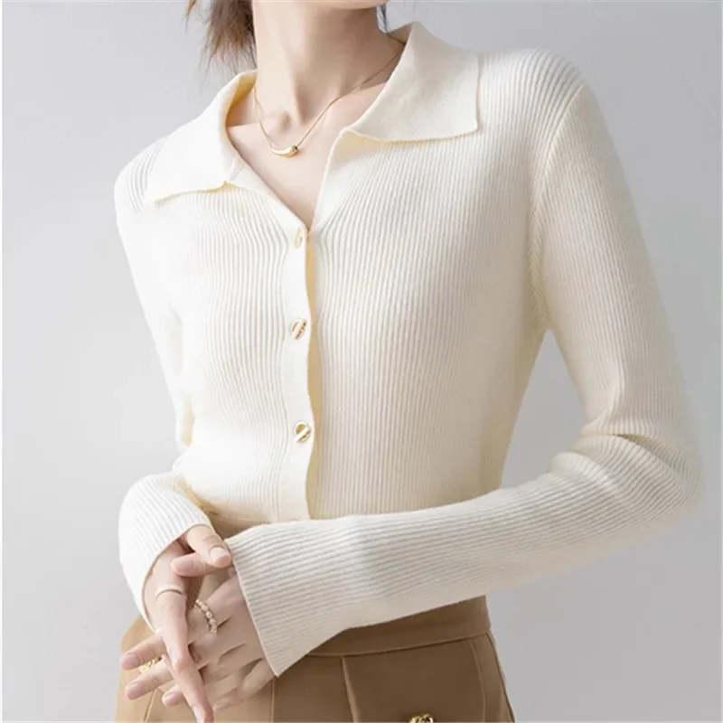 Women Chic Turn-down Collar Long Sleeve Sweater 2026 Autumn Winter Elegant Fashion Solid Knit Cardigan All-match Button Tops