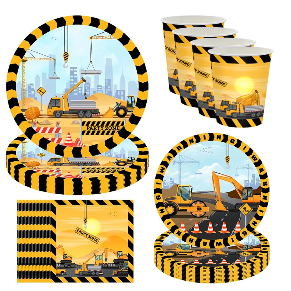 Engineering Vehicle Party Decorations Tableware Plate Cup Dump Truck Foil Balloons Banner Kids Boys Construction Birthday Favors