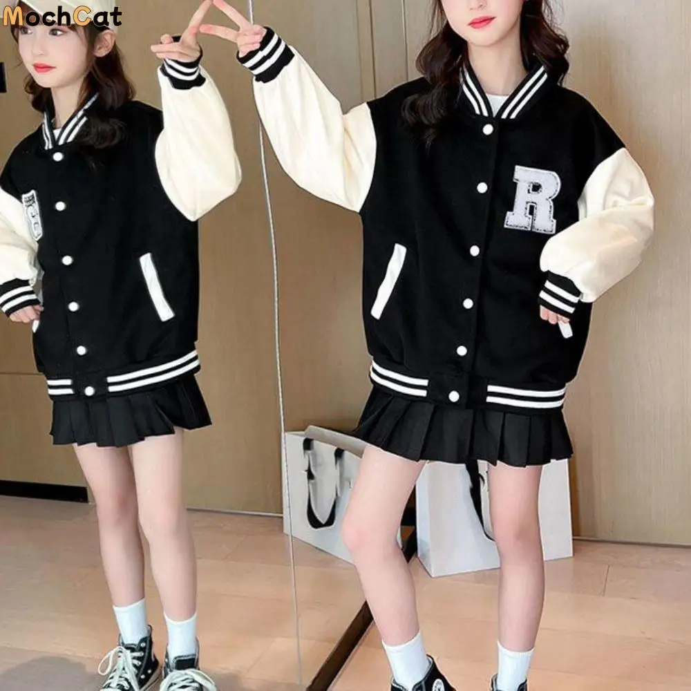 

Comfortable Long Sleeve Children Baseball Uniform Loose Retro Girls Y2K Coat Teens Clothing Spring Autumn Jacket Students