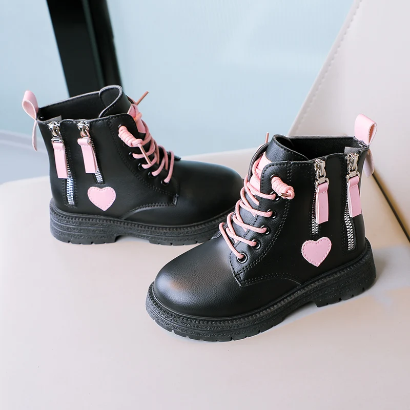 Girls Ankle Boots Double Zip Non-slip Kids Fashion Boots Pink Heart Children Princess Catwalk Boots Anti-Slippery Size 26-37