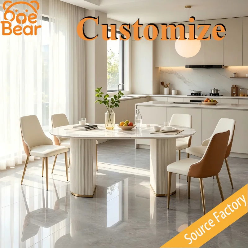 Modern Luxury Oval Sintered Stone Dining Table with Fluted Base, Simple Versatile Dinner Table for Family Kitchen Dining Room
