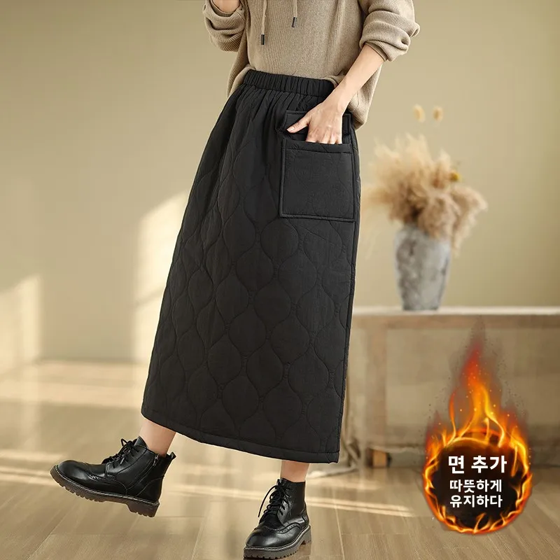 Plus Size Leak-Picking ~ Artistic Autumn and Winter Design Sense Retro Thickened Quilted Pocket Skirt All-Match Cover Slim Mi...