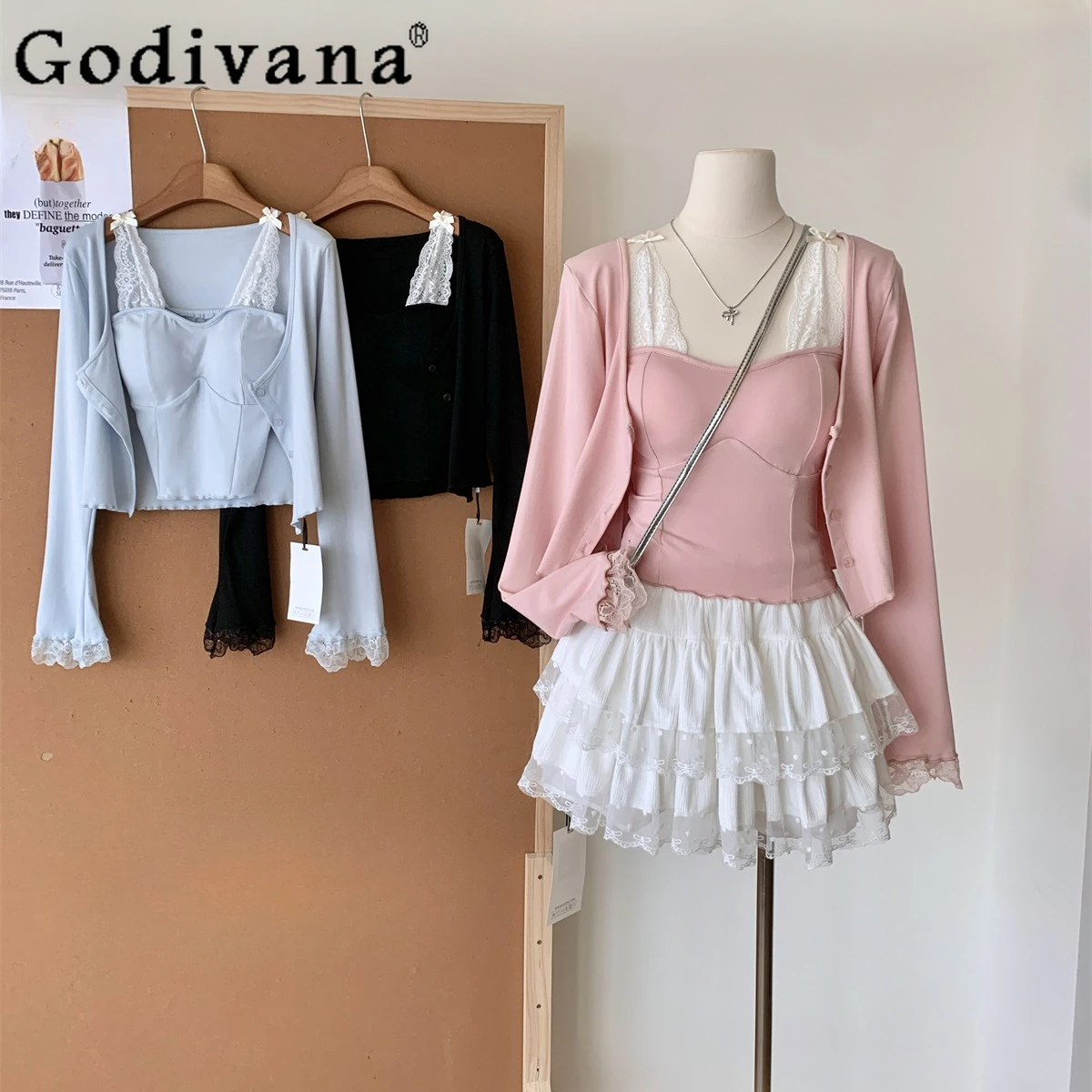 

Women's with Chest Pad Suspender Vest Long Sleeve Cardigan Jacket and Lace Splicing Skirt Set Two Piece Sets Womens Outifits