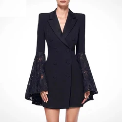 Robe blazer patchwork en dentelle pour femmes, créateur de mode coréen, manches évasées à revers, double boutonnage, taille mince, vêtements trempés, automne, nouveau