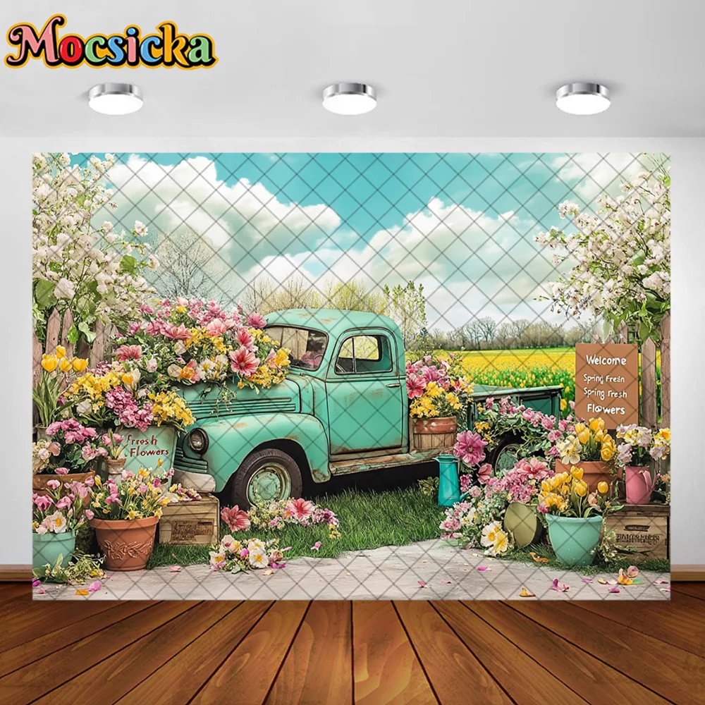 Mocsicka การถ่ายภาพพื้นหลังฤดูใบไม้ผลิดอกไม้รถบรรทุกรถตกแต่งฉากหลังเด็กผู้ใหญ่วันหยุดภาพสตูดิโอ Props