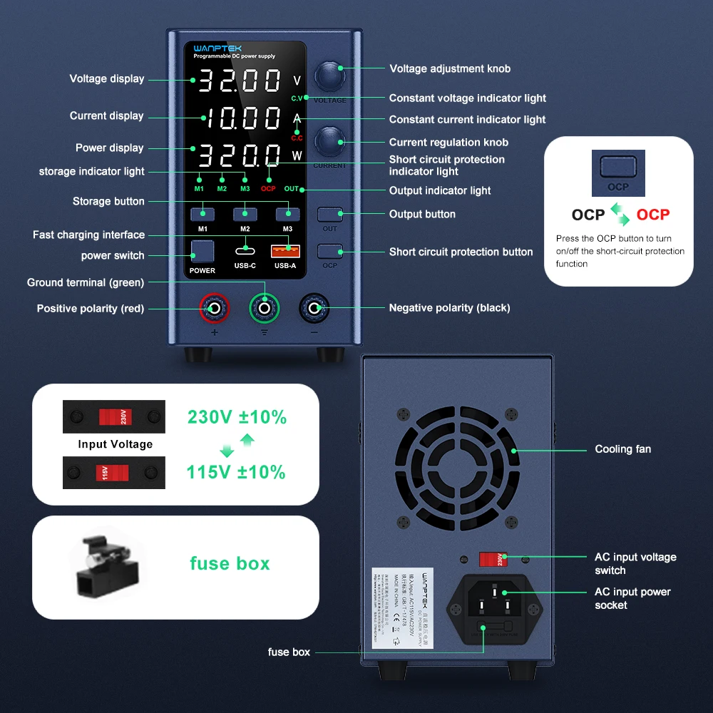 Wanptek laboratóriumi Egyenáram áram Ajánlattétel 30V 10A 60V 5A 120V 3A vel USB gyors töltés Alkalmazkodó m feszültség aktuális Laboratórium áram Ajánlattétel