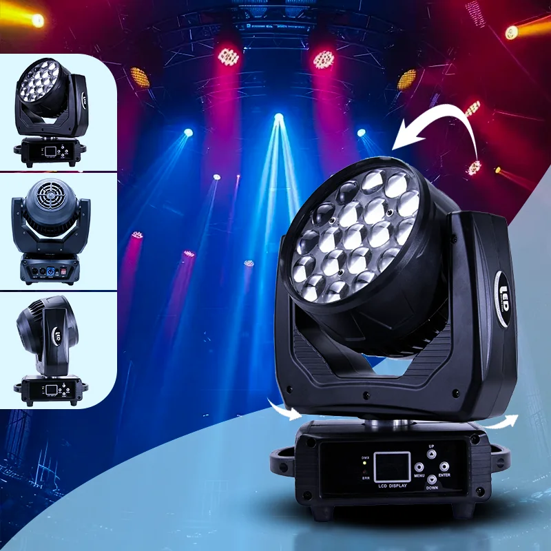 Luces con cabezales móviles de lavado con haz con zoom de 19x15W para efectos de iluminación de escenario, LED y control de DJ DMX en discotecas y discotecas