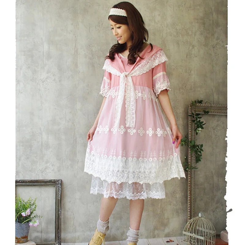 Japanese Women Scarf Collar Floral Embroidery Dress Lolita Bow Short Sleeved Mulity Lace Layer Female Mori Girl Sweet Dress A199