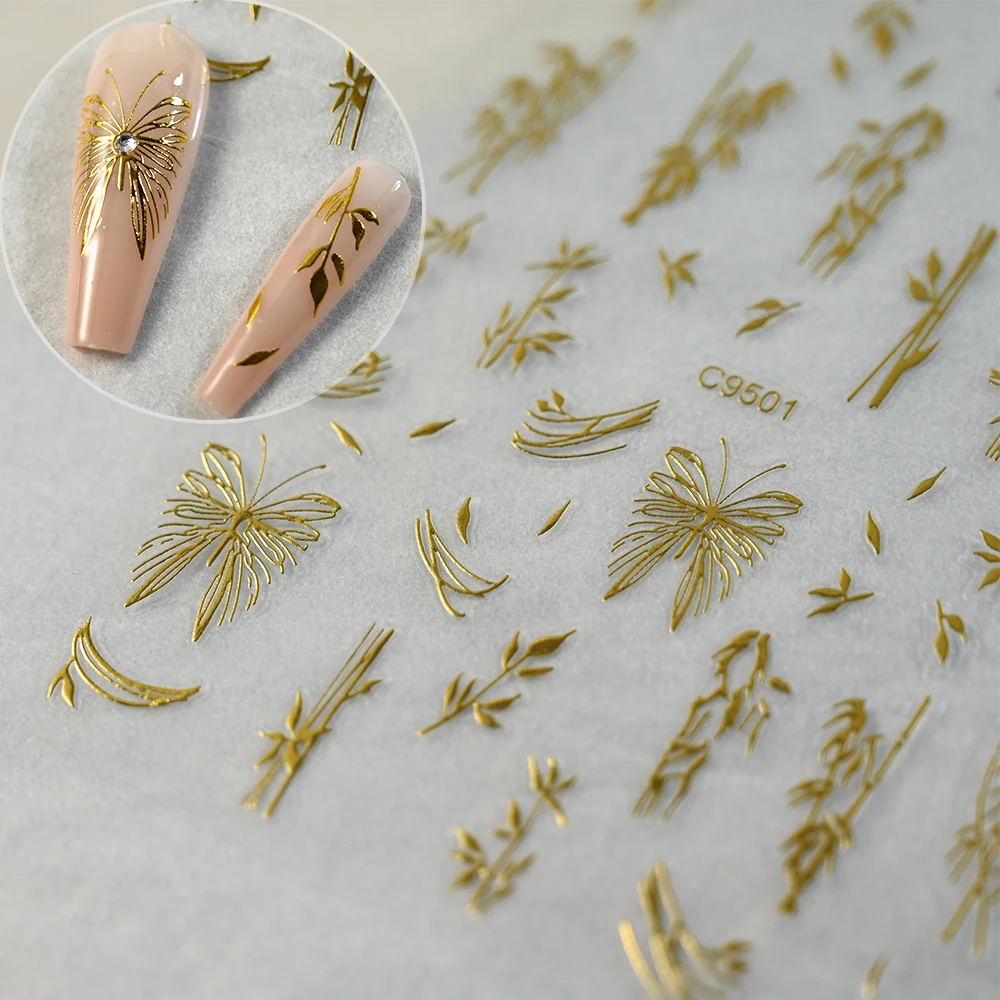 8/5/4Pcs Bronzing Bamboo Nail Art Stickers Set Chinese Letter Ink Landscape Painting Bamboo Decal 8*10cm Adhesive Bamboo Slider