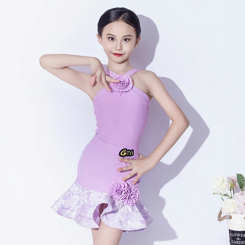 Costume de danse latine en dentelle violette pour filles, vêtements d'entraînement, vêtements de performance d'été, Cha Cha Régions ba, fleur, ChrV20878