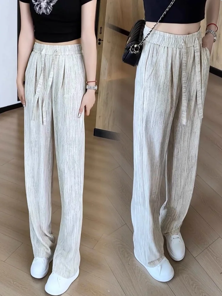 Ice Silk Wide Leg Pants Women's Summer 2024 New High Waist Drawstring Texture Lazy American Casual Floor-Length Pants