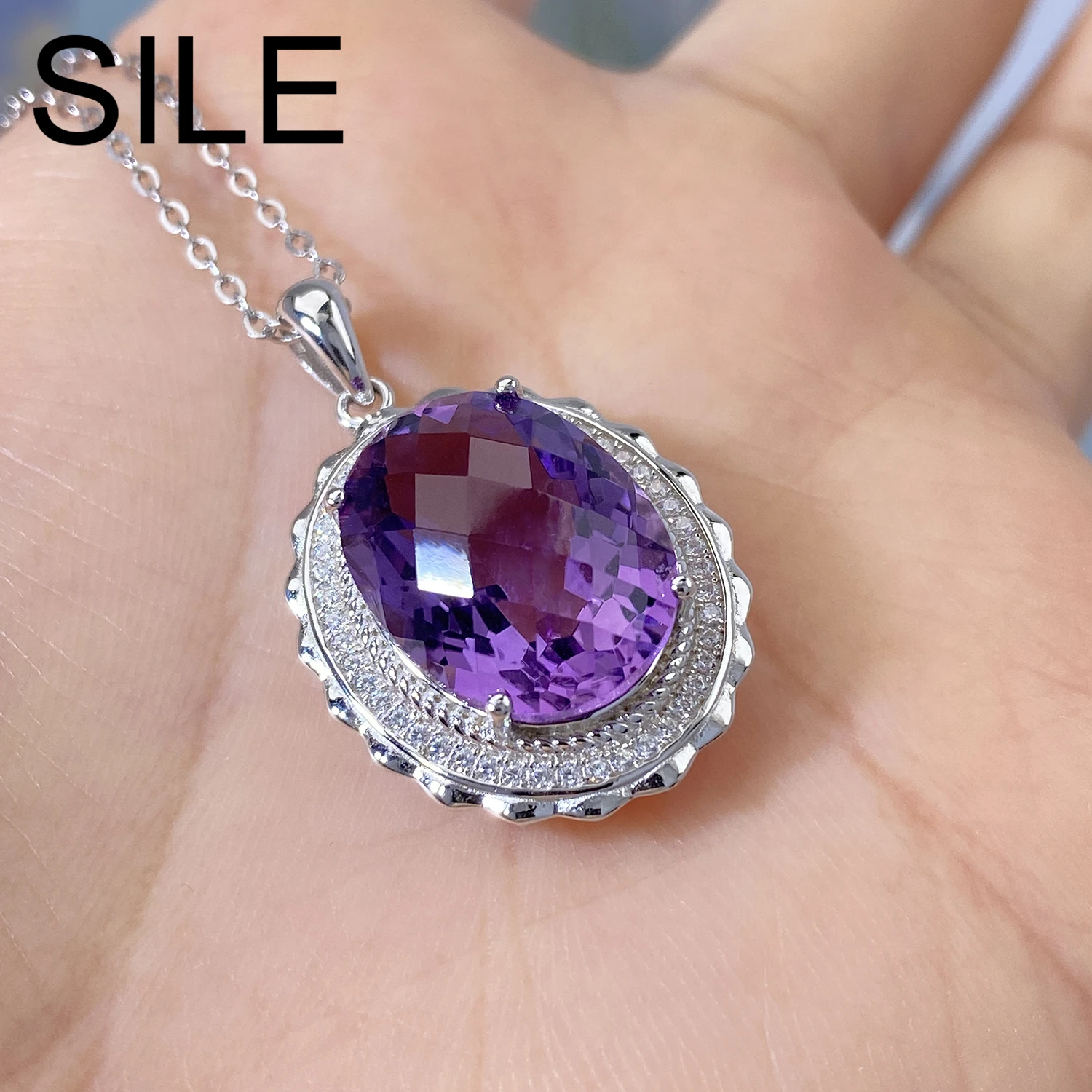 

SILE 925 Sterling Silver Jewelry Women 10ct Natural Amethyst Pendant Necklaces Oval Purple Gemstones Jewel Party Birthday Gifts