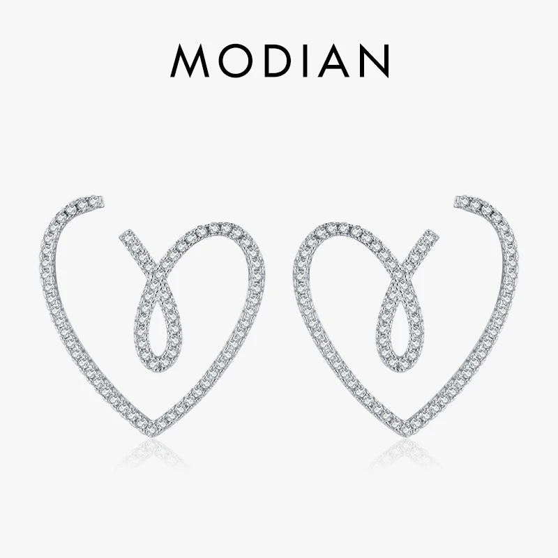 Modian 925 Sterling Silver luksusowe musujące jasne CZ linia serca stadniny kolczyki dla kobiet biżuteria na przyjęcie weselne hipoalergiczne