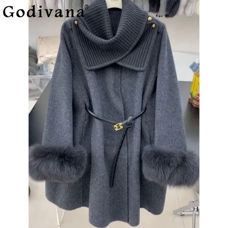 Abrigo de lana con capa y bufanda gris para mujer, abrigo de lana holgado y cálido de gama alta, abrigo de longitud media grueso japonés para mujer