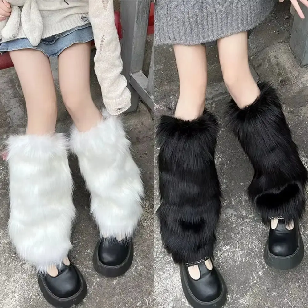

1pair Soft Fluffy Faux Fur Leg Warmers Solid Color Elastic Knee High Boots Cover Comfortable Thick Warm Knee Sleeve