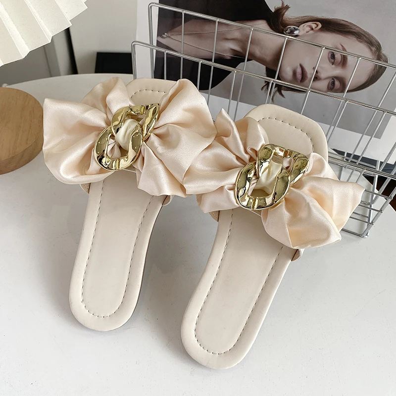 Girl's Slippers Silk Bowtie Buckle Pure Color Beautiful Children Sliders Summer Square Toe Slip-on Holiday Kids Shoes 27-36