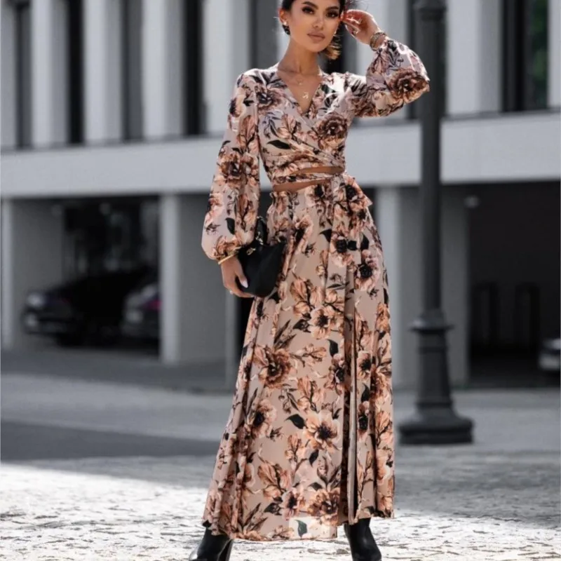 Black Printed Long Skirt Set Ladies Fashion Autumn Leopard Print Ladies Long Sleeved V-neck Lace Up Waist Leakage Sexy Set Dress