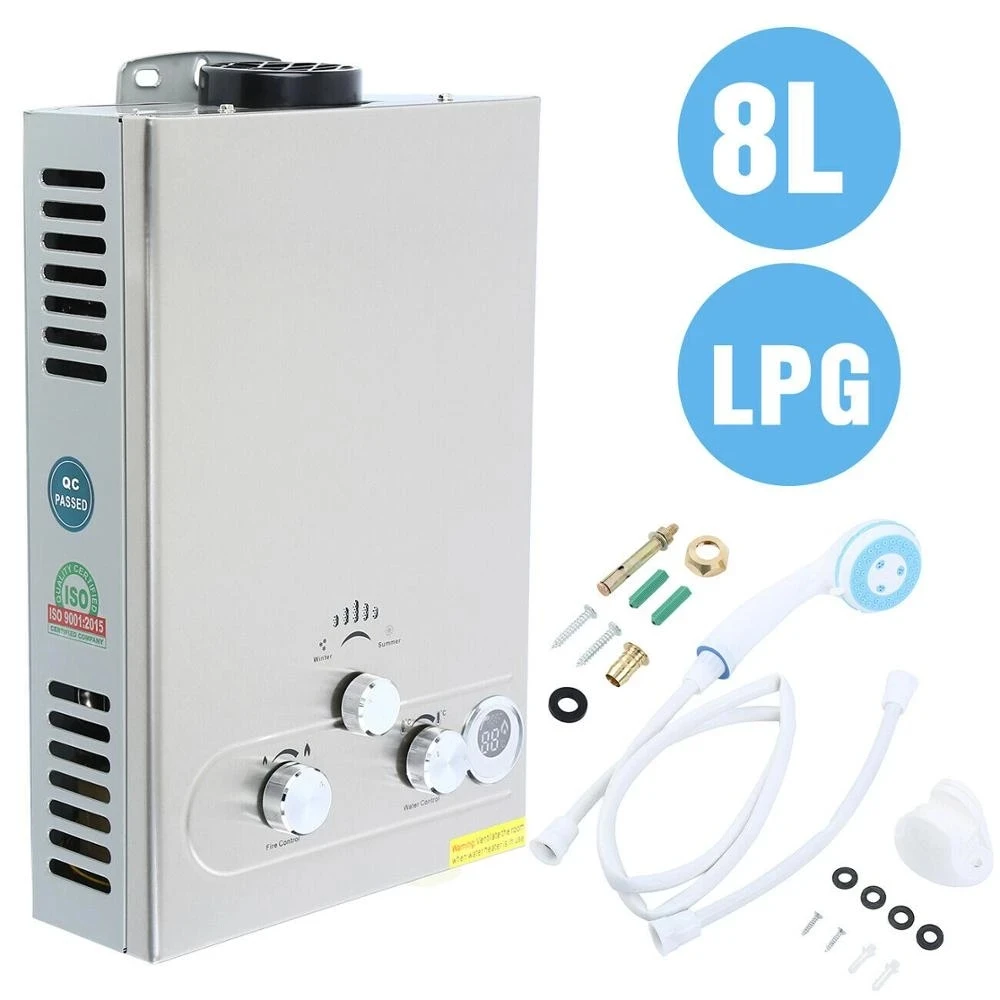 8L LPG Propane Gas Tankless Instant Hot Water Heater Boiler With Shower Kit