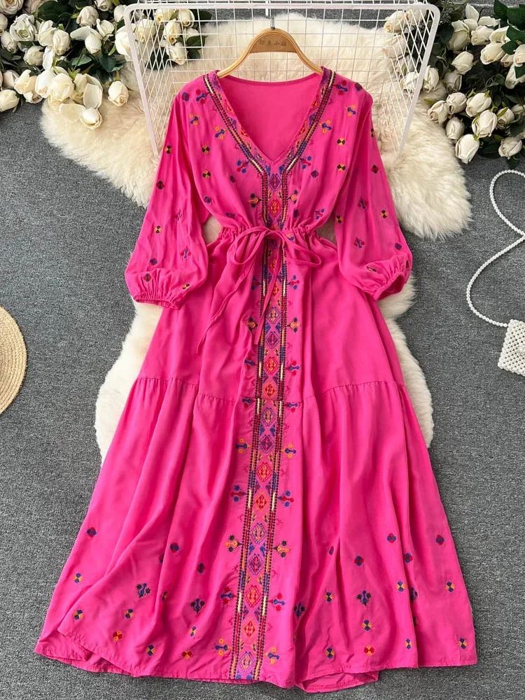 Spring Summer Ethnic Style Waist Slim Embroidery V-neck Dress Female Black Seaside Holiday Bohemian Vestidos Women D1491