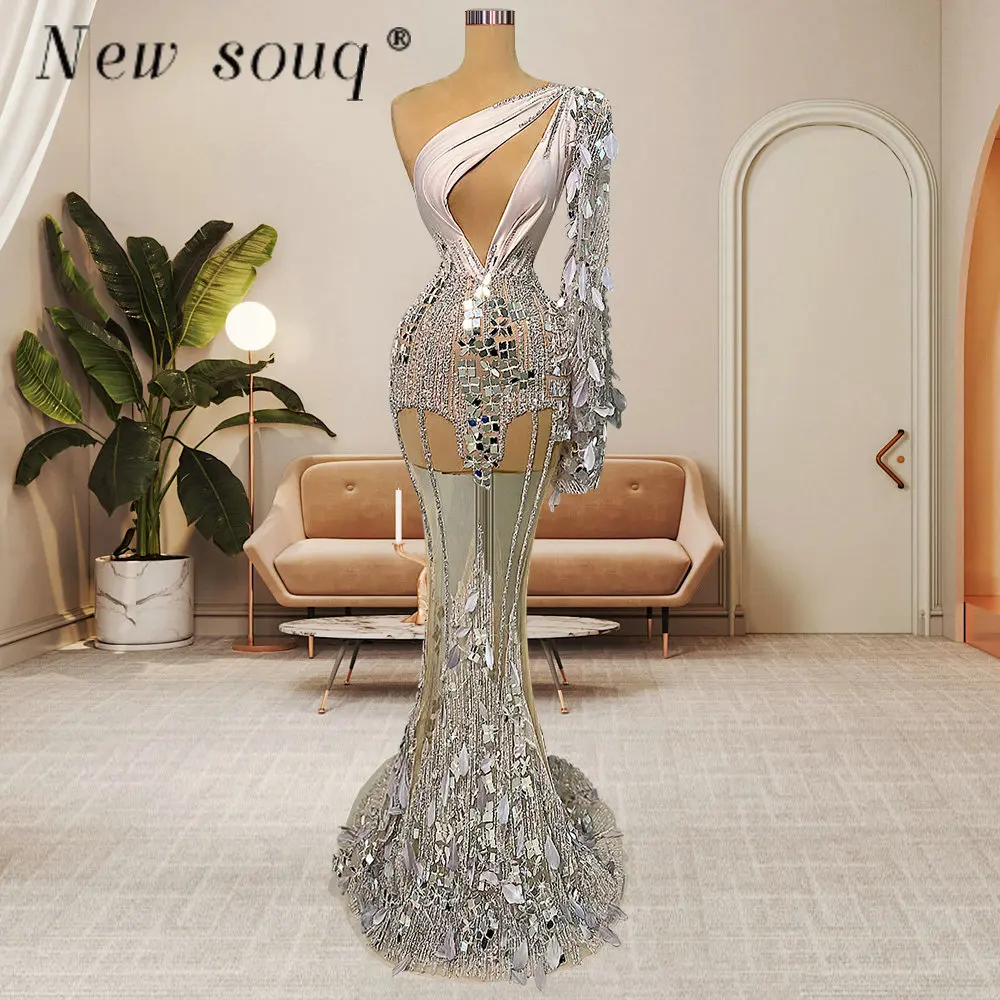 Arabic Fashion One Shoulder Mirror Crystals Feathers Mermaid Evening Dresses Sexy Illusion Sleeveless Stage Show Party Gowns