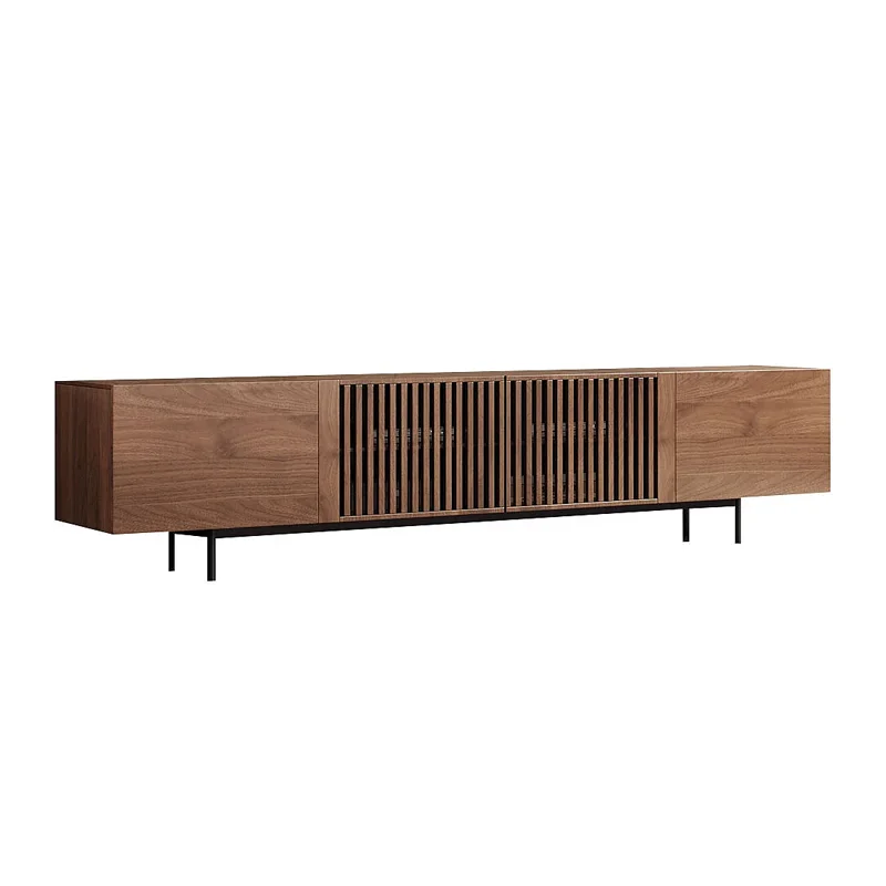 American Black Walnut TV Stand with Slatted Doors, Mid-Century Media Console with Metal Legs