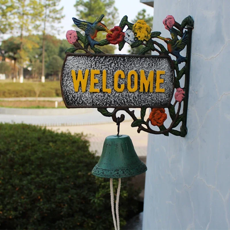 Hummingbird Flowers Wall Mounted Hand Cranking Door Bell Hand Colored Vintage Green Yellow With Welcome Signs On Double-sided