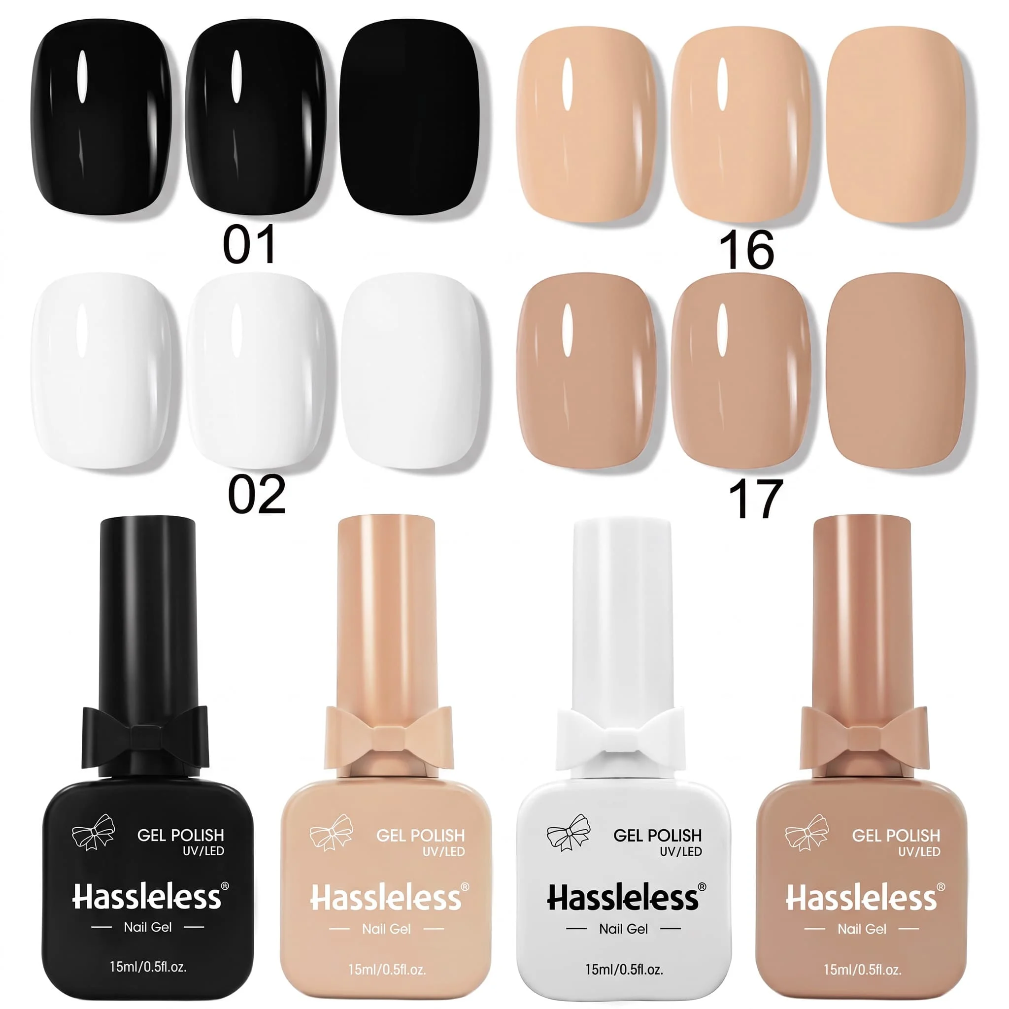 Hassleless 4-Piece Armor Gel Polish Set Black, White, Nude Skin Tone, Milk Tea Brown Classic Basic Solid Color Gel Polish Long-Lasting and Removable Home Salon DIY Versatile Nail Art Set