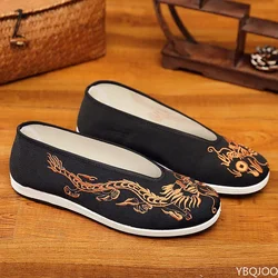 Old Beijing Cloth Shoes Men Soft Sole Chinese Embroidery Men Shoes Chinese Style Yellow Black Dragon Round Mouth Cloth Shoes