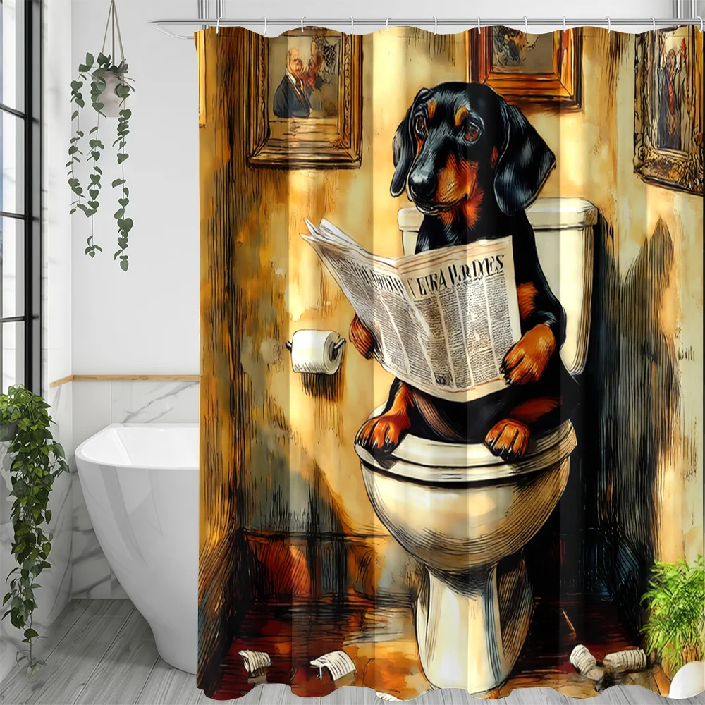 1 Dachshund - Reading - Newspaper Pattern Printed Shower Curtain, Artistic - Style Home - Decor Bathroom Curtain, Including 12 H
