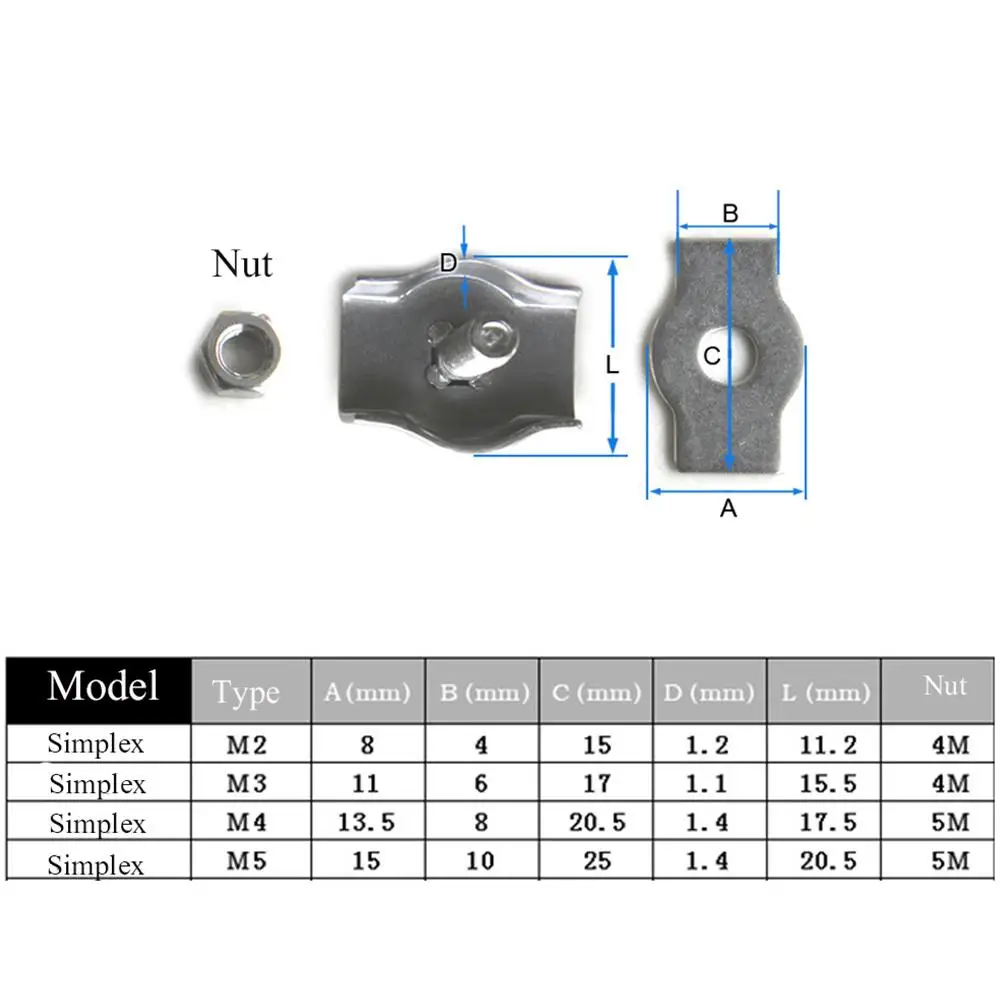 5Pcs M2-M5 Stainless Steel Simplex 1/2-Post Bolt Clip Wire Rope Cable Clamp Caliper Rope Simple Grip Thimbles Stainless Steel