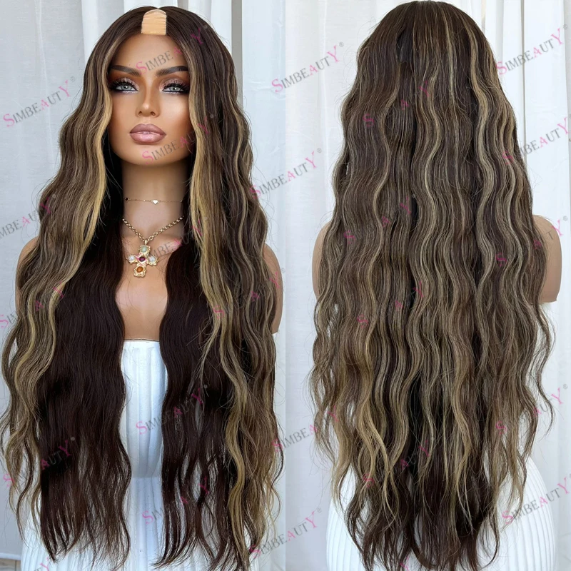 تسليط الضوء على الرماد البني موجة الجسم العميق طويل 26 بوصة الشعر البشري 1x4 حجم الأوسط U جزء الباروكات للنساء السود رخيصة آلة كاملة الباروكات #1