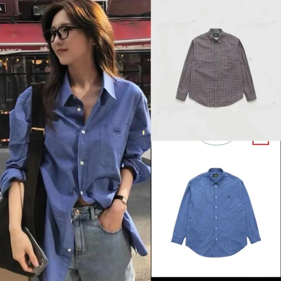 

New 2025 Loose Casual Blue Plaid Long Sleeve Shirt Women's Turn-down Collar Cotton Commute Style Korean Version UV Protection