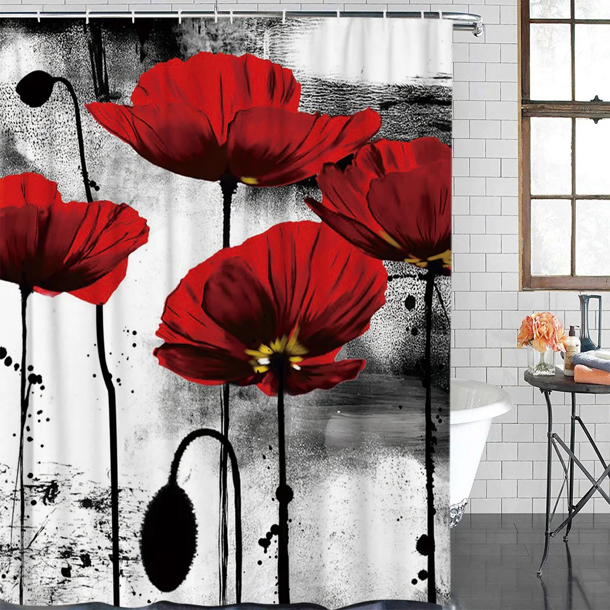 Ink Painting Poppy Red Flower Waterproof Shower Curtain Polyester Fabric Printed Bath Curtains Bathroom Decorations Accessories