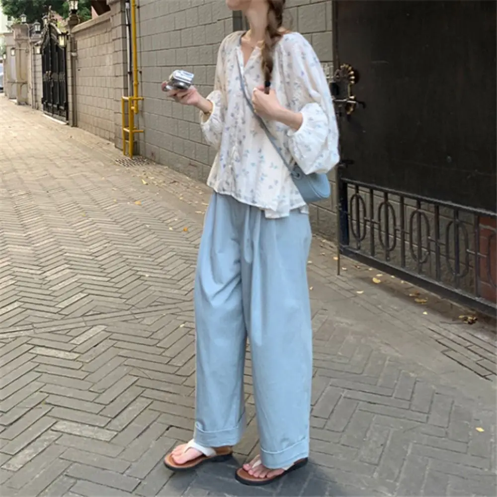 Camicetta a maniche lunghe pieghettata alla moda Ins Camicia a fiori dolci Top Camicetta floreale in pizzo casual allentata Streetwear