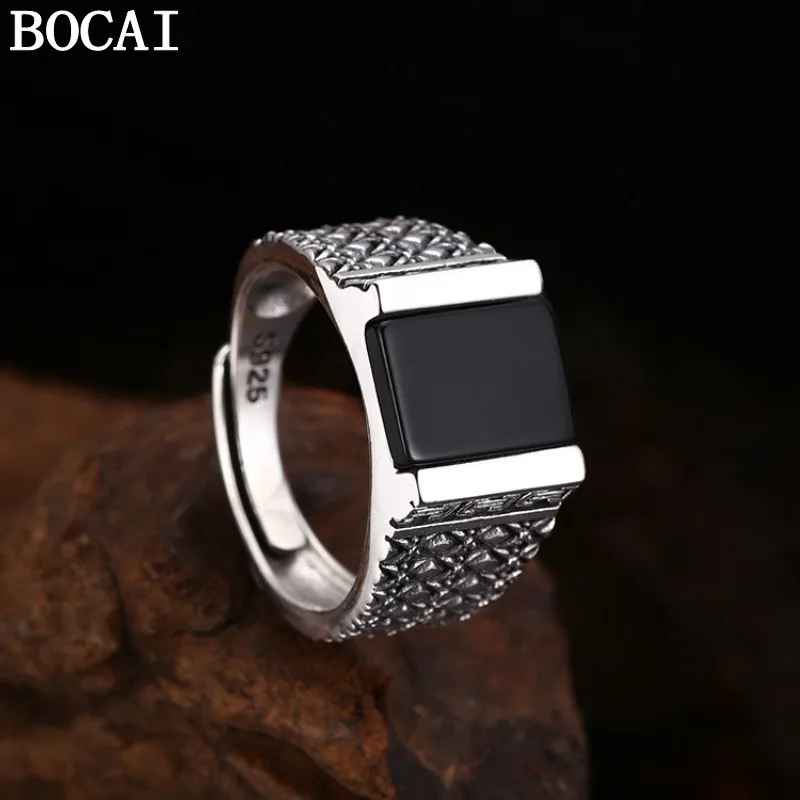 

BOCAI S925 Silver Charms Rings for Men Women Irregular Geometric Pattern Inlaid Black Agate Fashion Punk Jewelry Wholesale ﻿