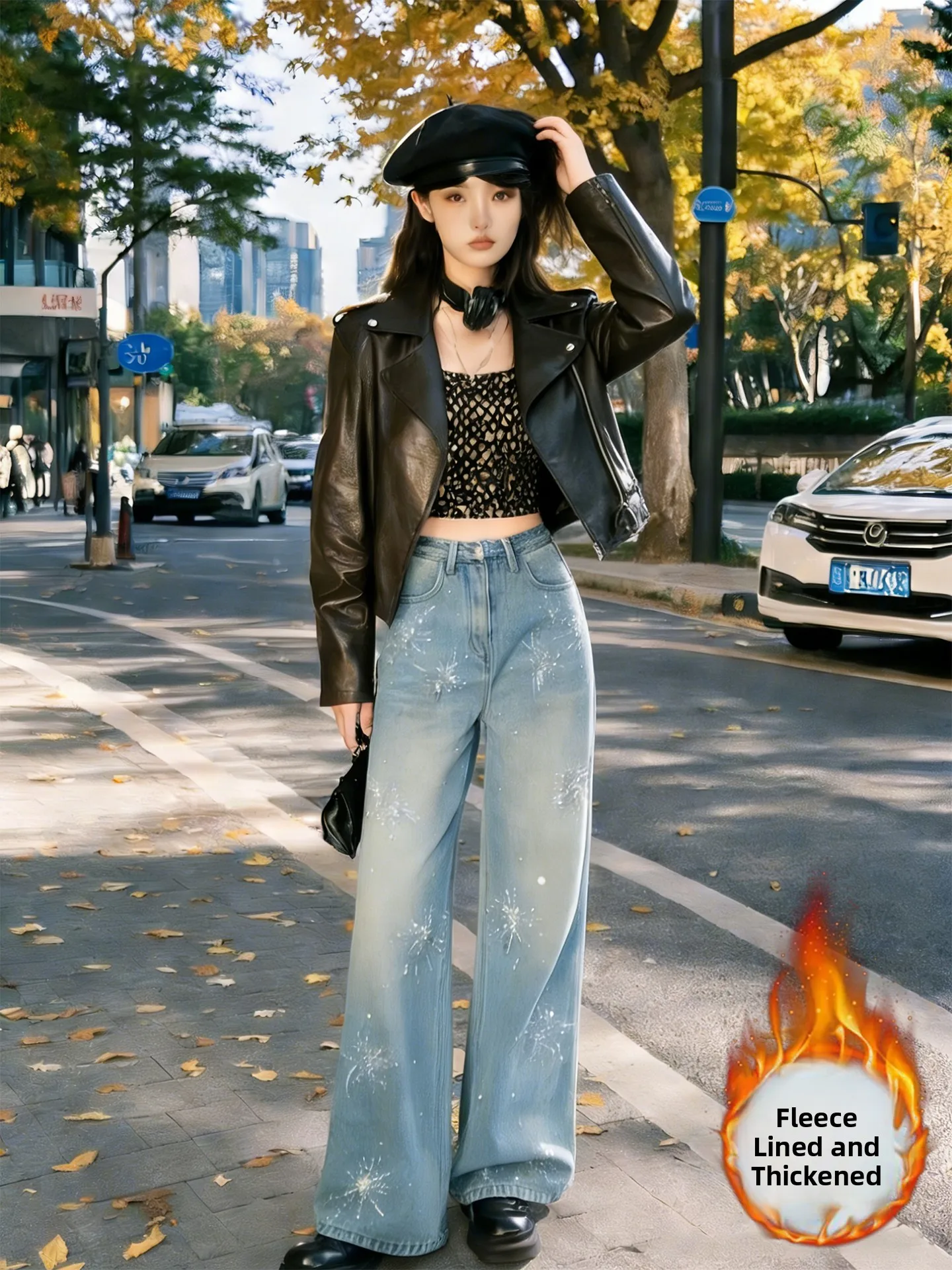 

Light Blue Floral Embellied Fce Wide Leg Jeans Women's Loose Slim Straight Floor-Length Trousers Casual High Waist Denim