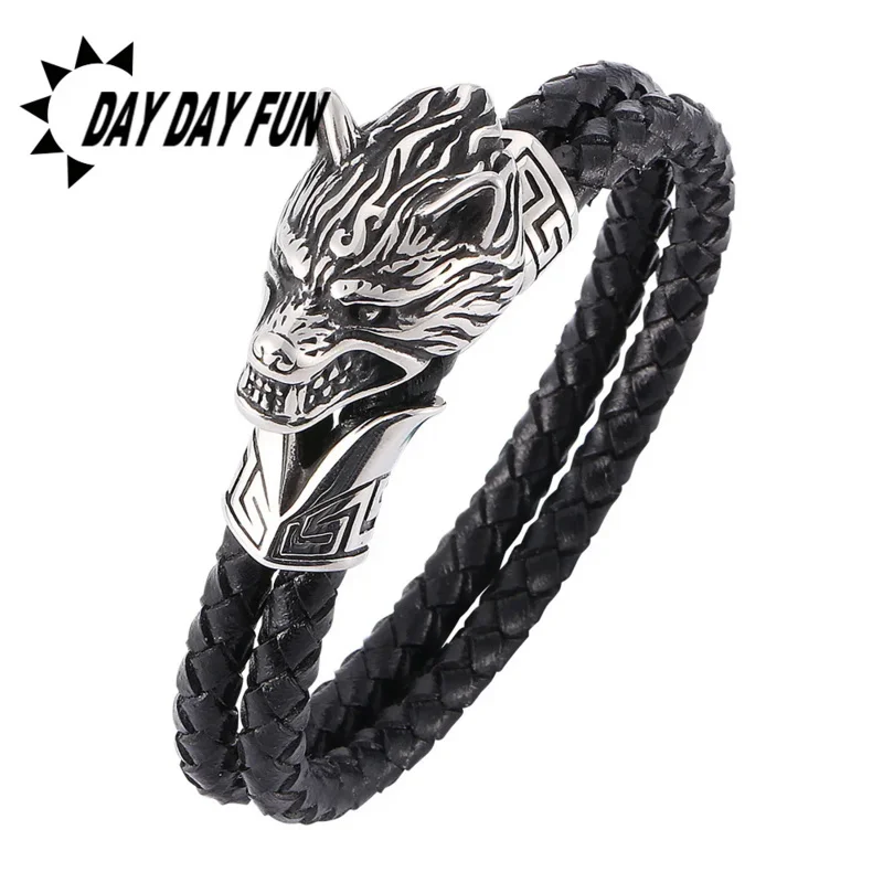 

free shipping explosive men dermal braided hand rope contracted bracelets vicious wolf head stainless steel gift animal luxury