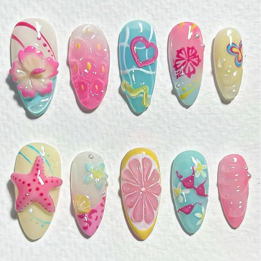 

Summer Beach False Nails Colorful Nails Sets With Pearl Flower Design Press On Nails Art Wearable Fake Nail